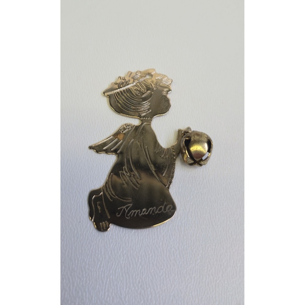 Vintage Gold Tone Angel Ornament with Bell Amanda Christmas Holiday Decor 2in